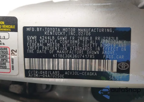 2006 Toyota Camry Xle из США, поврежденный, VIN 4T1BE30K36U741785